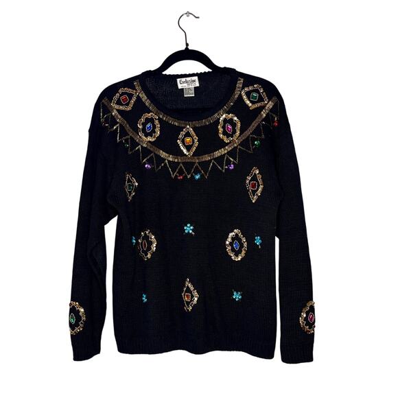 Vintage 90s Exclusive Imports Black Sequin Beaded Ramie Cotton Sweater Harlequin - Picture 1 of 10